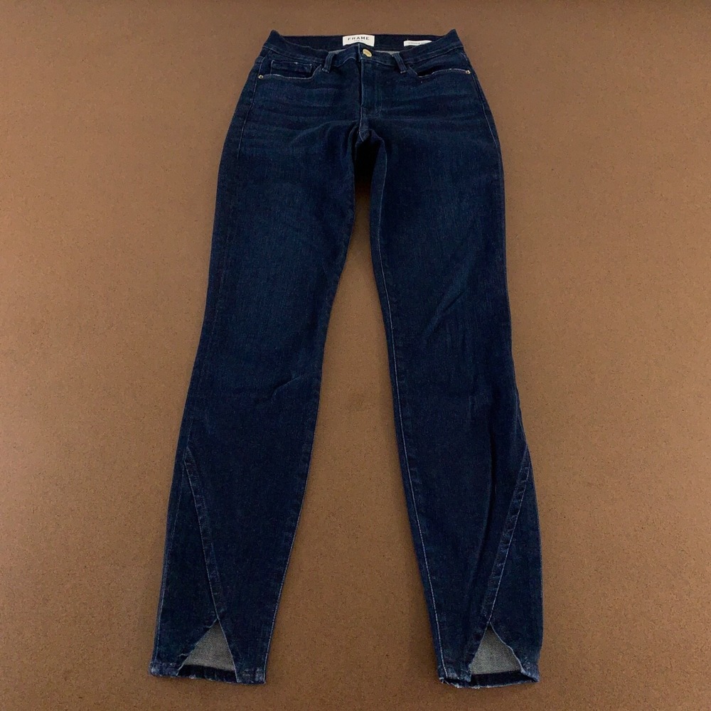 Frame Women's size 27 Dark Wash Stretch Denim High Rise V Hem Skinny Jeans